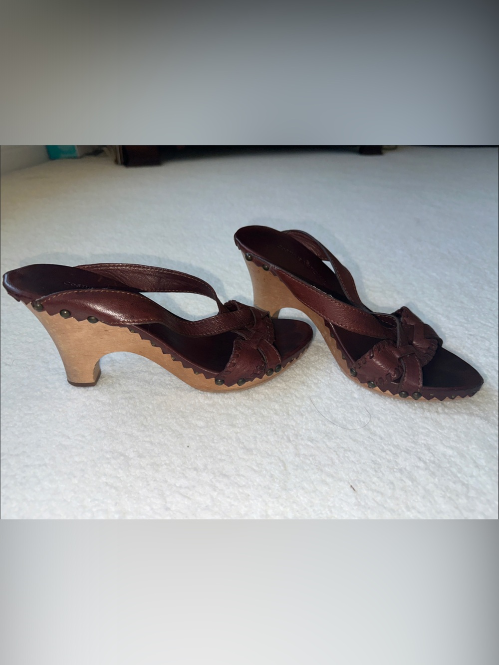CNC Costume National Brown Leather Knot Mules with Wood-Look Heel
